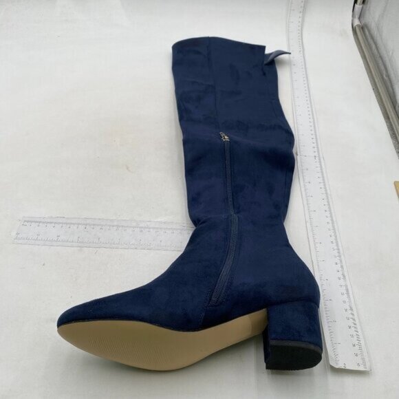 Navy Women Almond Toe Knee High Boots with Partial Zipper Stretchy Long Boot - Picture 6 of 7